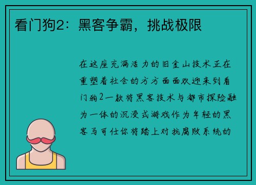 看门狗2：黑客争霸，挑战极限